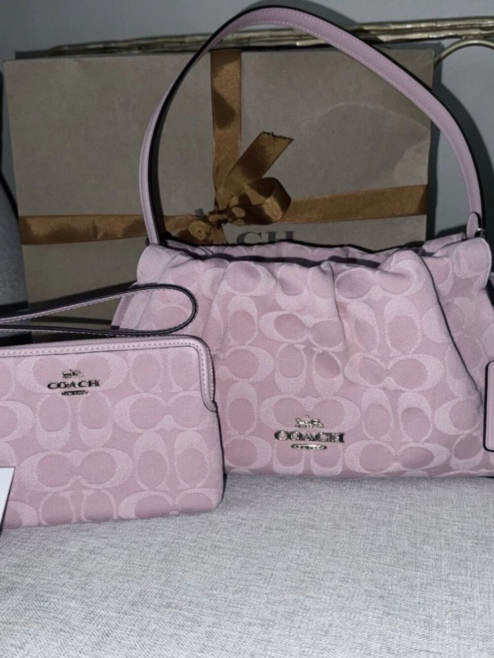 RARE NEW Coach Faye Shoulder Bag & Wristlet Signature Pink Denim Crossbody Purse